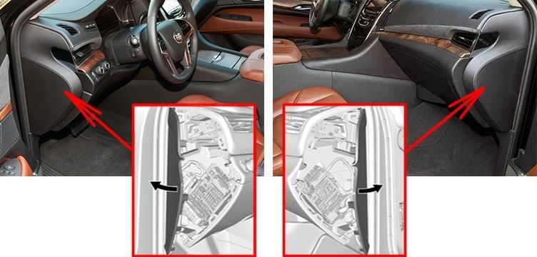 The location of the fuses in the passenger compartment: Cadillac Escalade (2015, 2016, 2017, 2018-..)