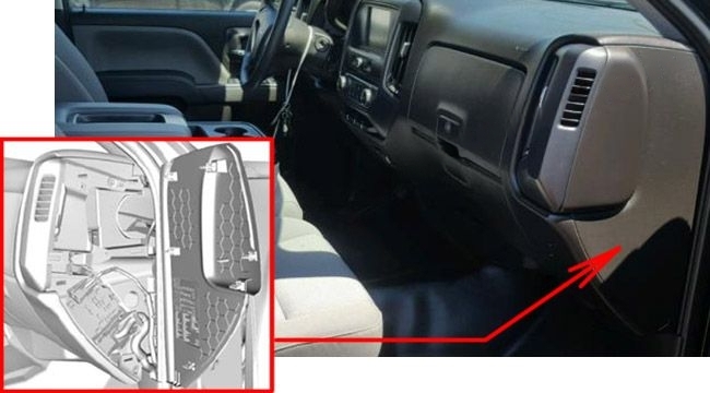 The location of the fuses in the passenger compartment: Chevrolet Silverado (2014, 2015, 2016, 2017, 2018)