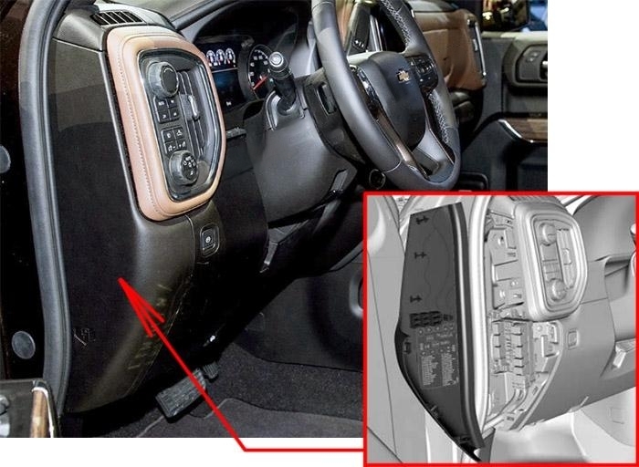 The location of the fuses in the passenger compartment (left): Chevrolet Silverado (2019)