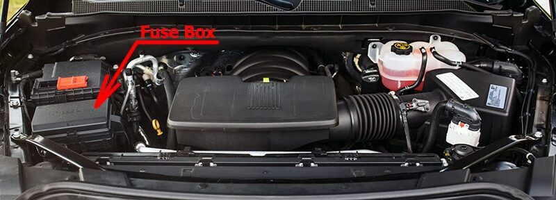 The location of the fuses in the engine compartment: Chevrolet Tahoe / Suburban (2021, 2022)