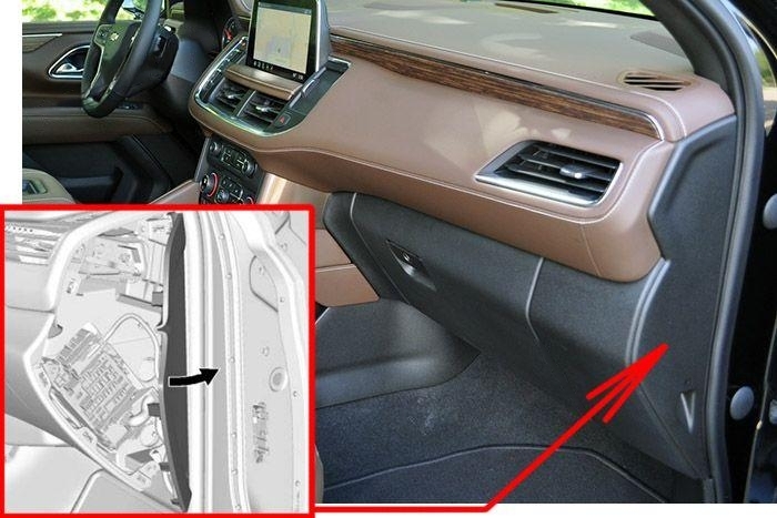 The location of the fuses in the passenger compartment: Chevrolet Tahoe / Suburban (2021, 2022)