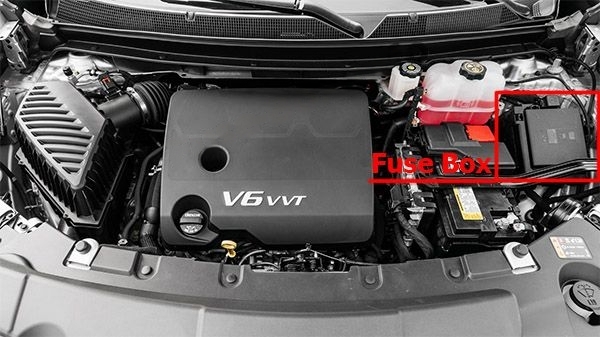 The location of the fuses in the engine compartment: Chevrolet Traverse (2018, 2019)