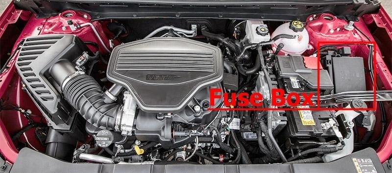 The location of the fuses in the engine compartment: Chevrolet Blazer (2019-2022)