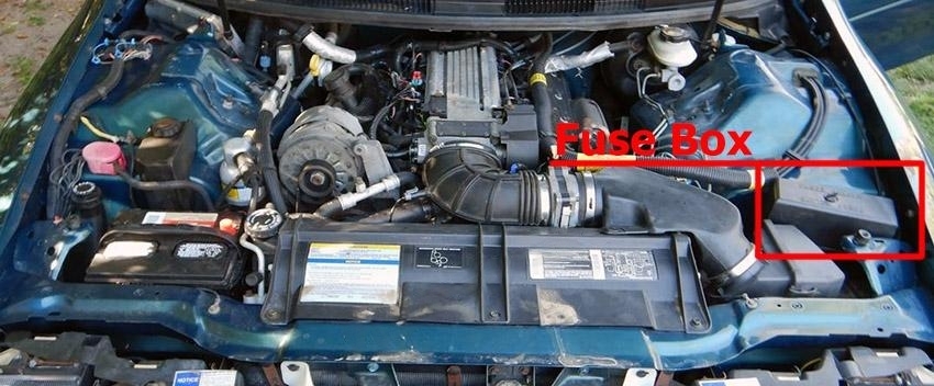 The location of the fuses in the engine compartment: Chevrolet Camaro (1993-1997)