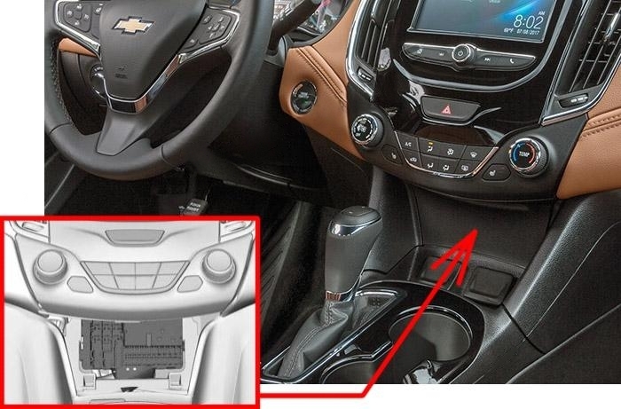 The location of the fuses in the passenger compartment: Chevrolet Cruze (J400; 2016-2019..)