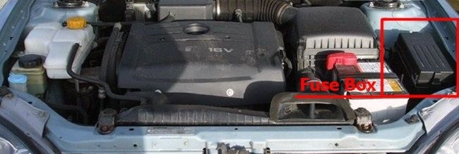 The location of the fuses in the engine compartment: Chevrolet Epica