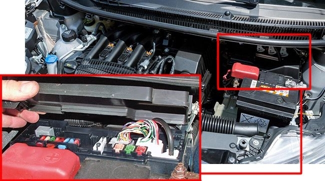 The location of the fuses in the engine compartment: Citroen C1 (2007-2013)