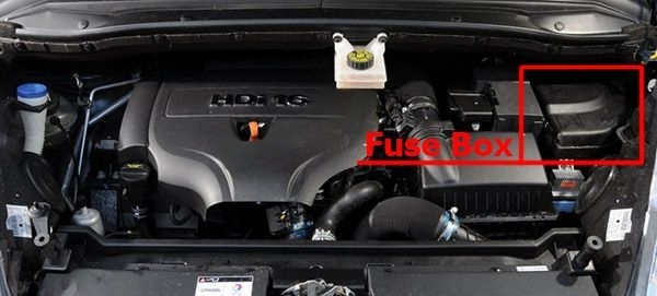 The location of the fuses in the engine compartment: Citroen C4 Picasso I (2007-2012)