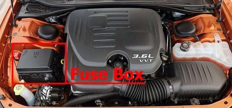 Dodge Challenger (2008-2014): Engine compartment fuse box location