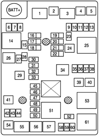 Chevrolet Aveo (2012): Engine compartment fuse box diagram (Petrol)