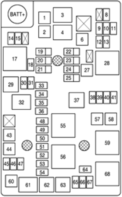 Chevrolet Aveo (2014): Engine compartment fuse box diagram (Start-Stop)