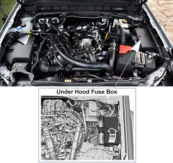 Ford Bronco (U725; 2021): Under-hood compartment fuse box location