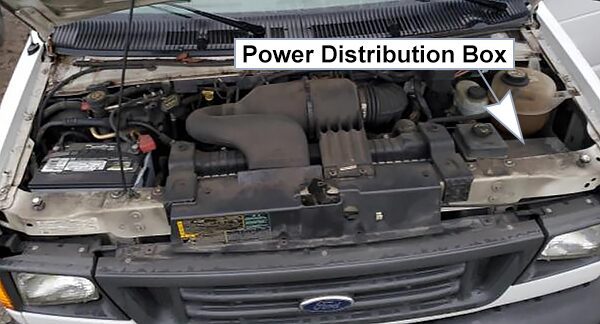 ford e-150 / e-250 / e-350 / e-450 (2004-2008): engine compartment fuse box location