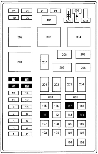 Ford Excursion (2000): Engine compartment fuse box diagram