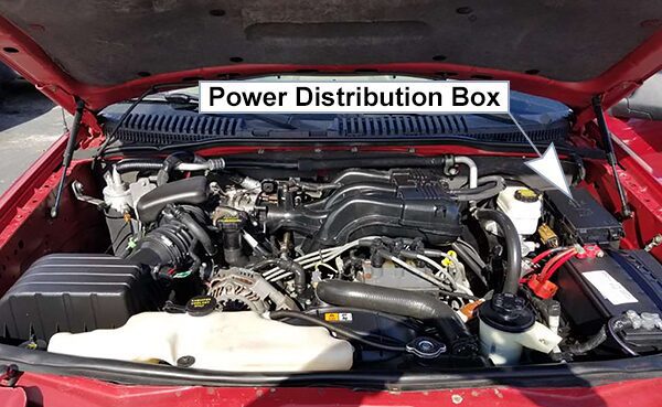ford explorer (u251; 2006-2010): engine compartment fuse box location