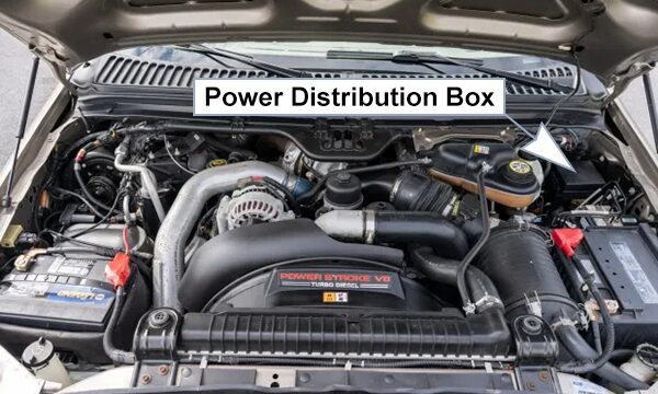 ford f-250 / f-350 / f-450 / f-550 (2005-2007): engine compartment fuse box location
