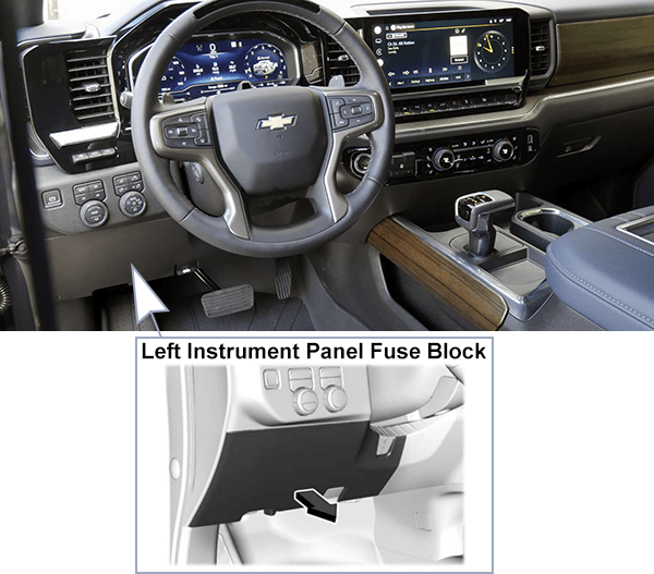 Chevrolet Silverado (GMT T1XX; 2022-2024): Left instrument panel fuse box location (v.2)