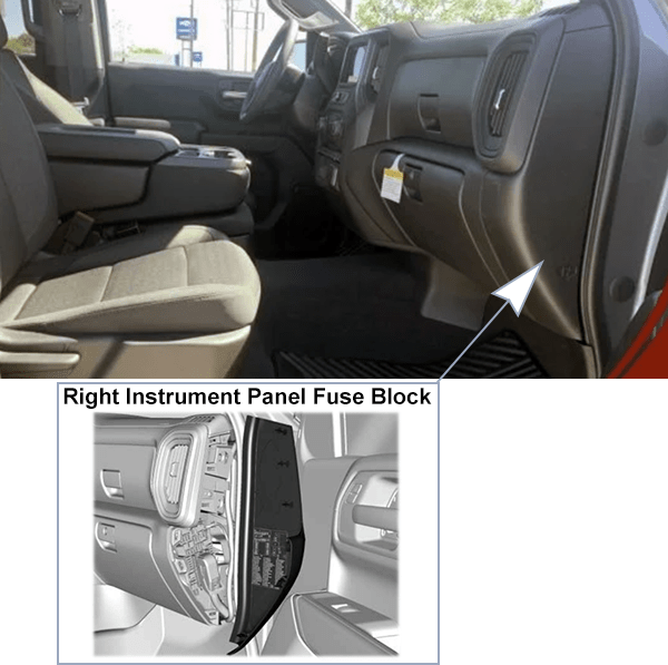 Chevrolet Silverado (GMT T1XX; 2022-2024): Right instrument panel fuse box location