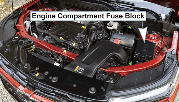 Chevrolet Trax (2023-2024): Engine compartment fuse box location